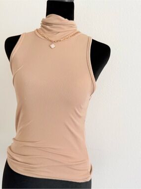 Ribbed Mock Neck Tank Top in Beige